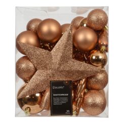 Enfeites de árvore de natal, bronze, caixa com 33 peças