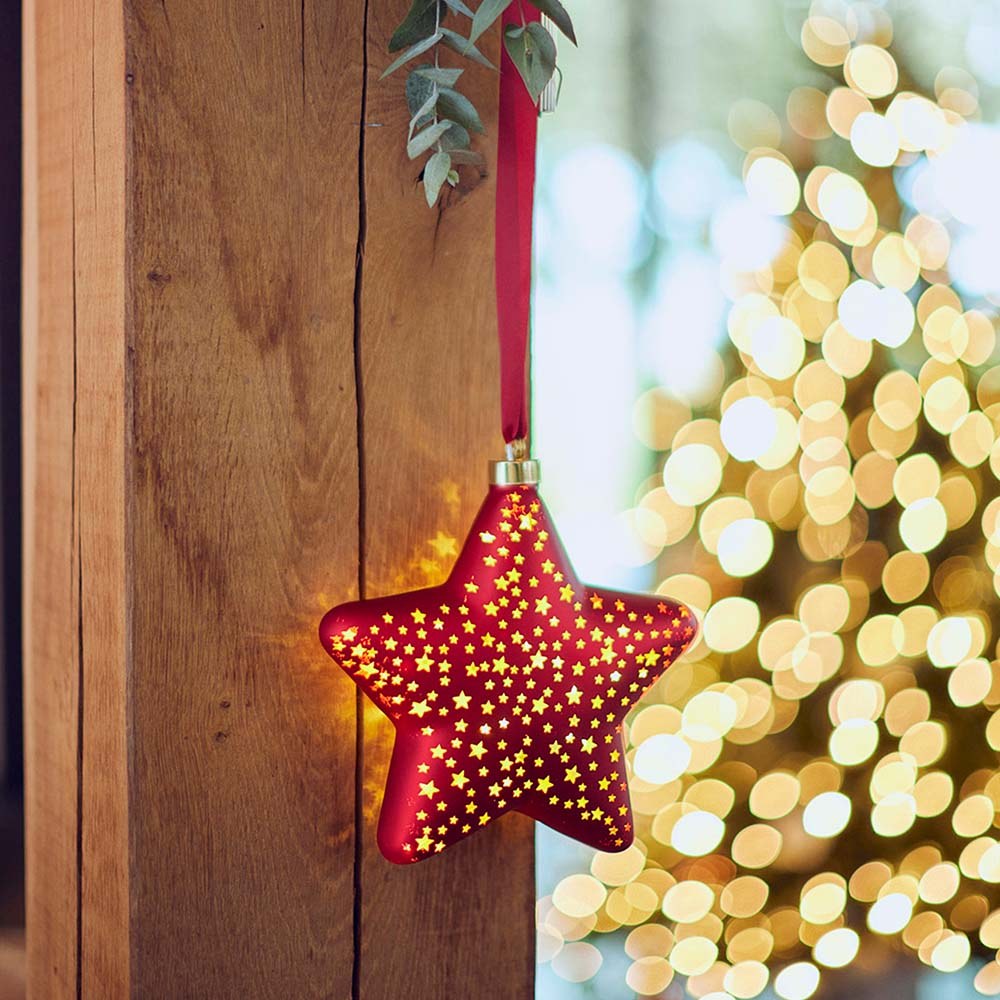 Estrella micro led luz cálida, uso interior, a pilas, 20 cm, roja con alambre plateado - Image 2