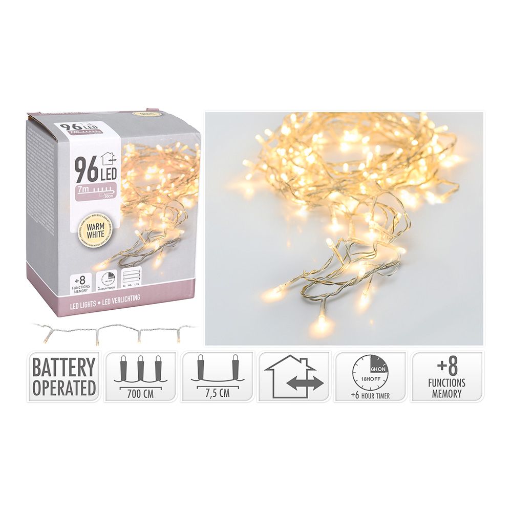 Grinalda a pilhas multifunções 96 leds branco quente cabo transparente IP44 7,5m - Image 2