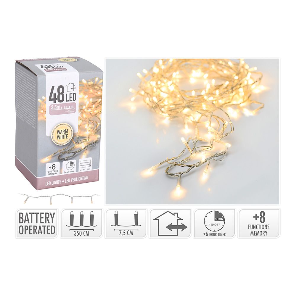 Grinalda a pilhas multifunções 48 leds branco quente cabo transparente IP44 4m - Image 2