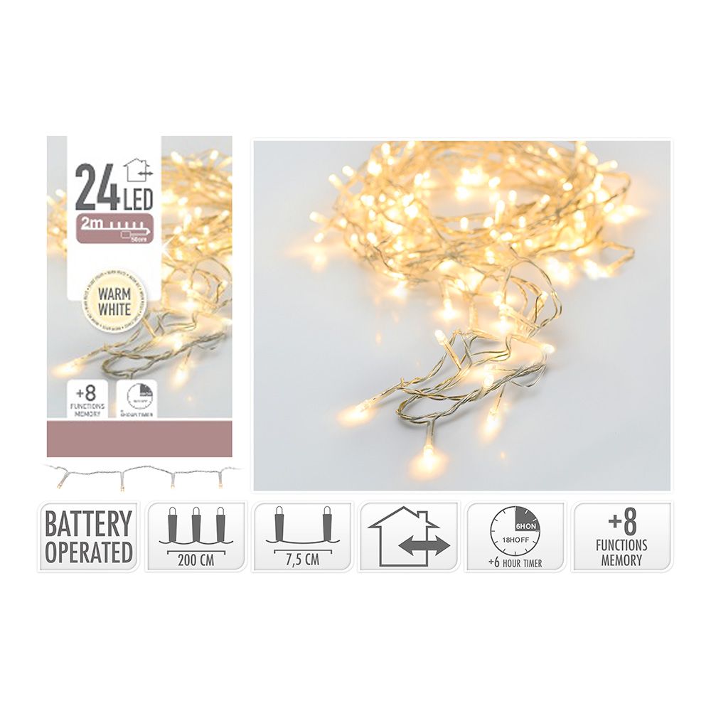 Grinalda a pilhas multifunções 24 leds branco quente cabo transparente IP44 2,30m - Image 2