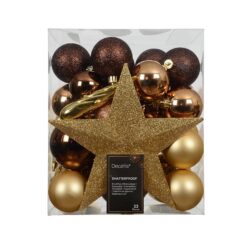 Enfeites para decoração de árvore de natal, marrom e dourado, caixa com 33 peças
