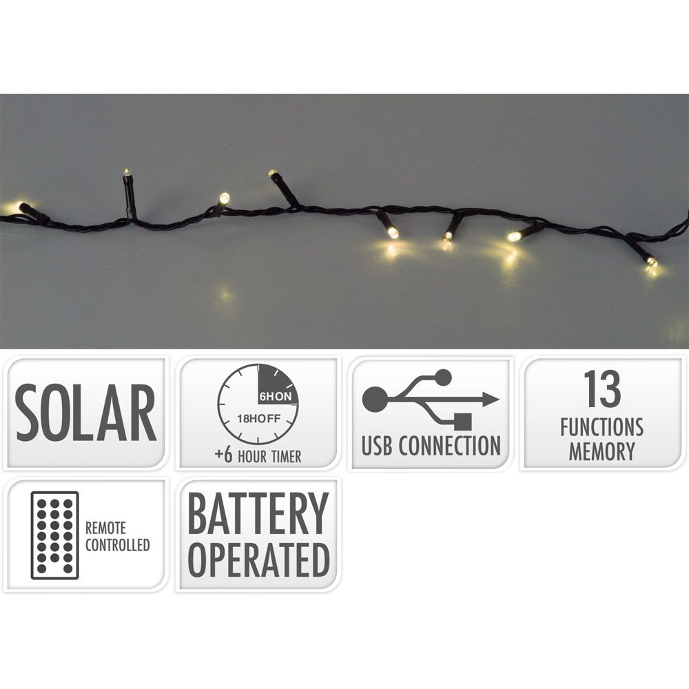 Grinalda LED solar, 240 LED, 13 funções intermitentes branco quente, para exterior, cabo verde 10m