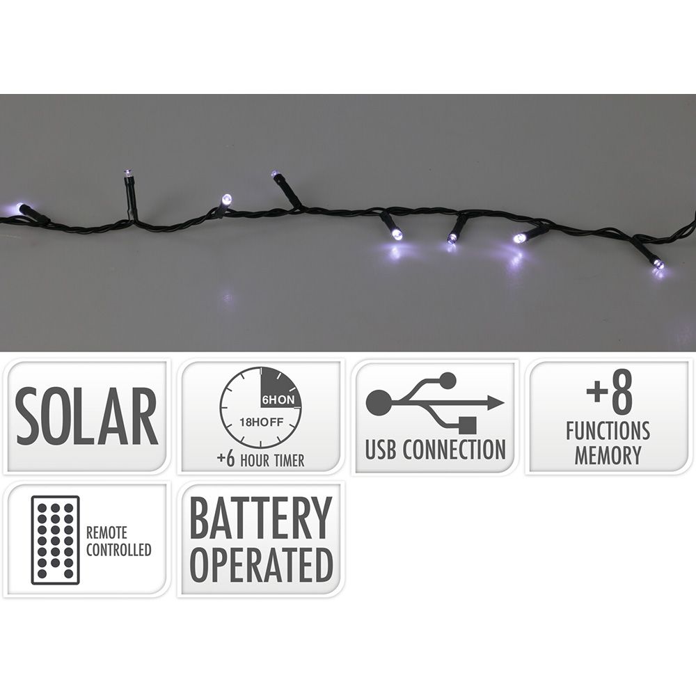 Grinalda LED, 400 leds, 8 funções intermitente em branco frio, solar.