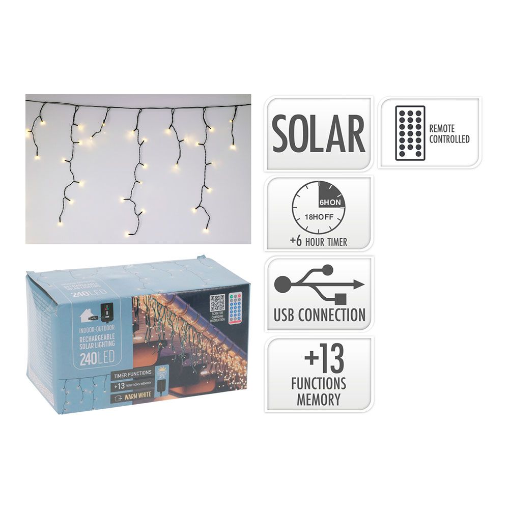 Cortina solar recarregável, 240 LEDs, multifuncional, luz quente, exterior, 8 m