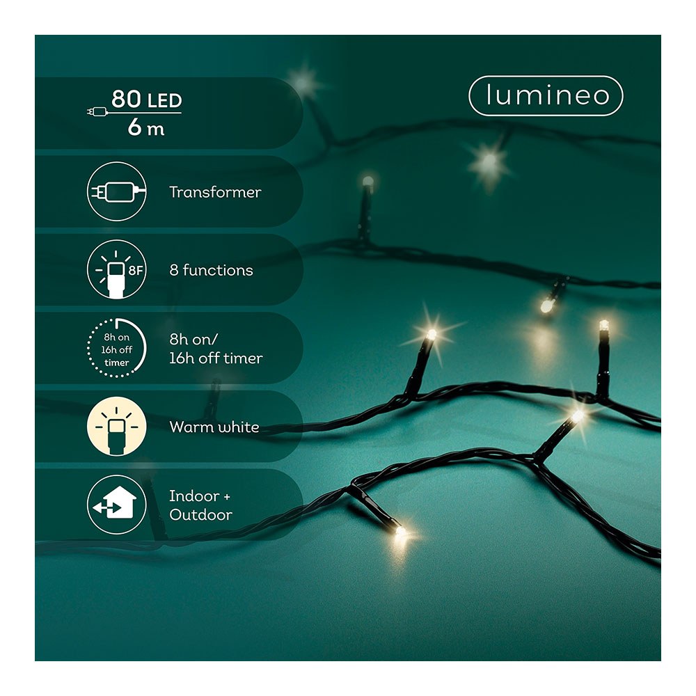 Guirnalda multifunción, uso exterior, basic, blanco cálido, cable negro, 80 leds, 6 m - Image 2