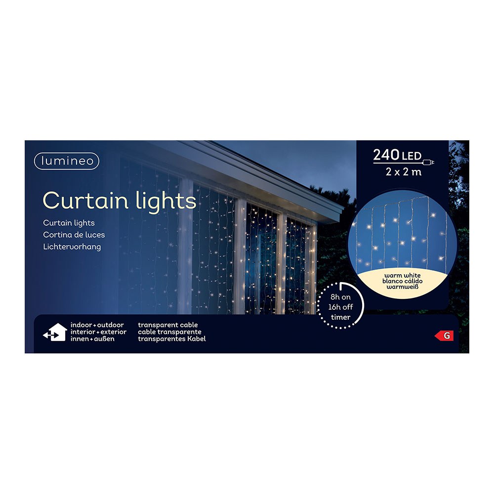 Cortina multifunción, exterior, blanco frío, cable transparente, 240 leds, 2 x 2 m - Image 2