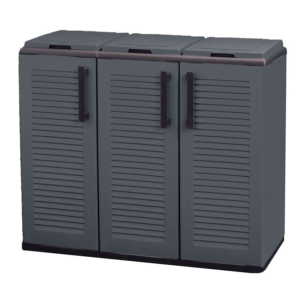 Armário baixo de polipropileno, linha ECO easy, reciclagem seletiva 3 tampas, cinzento escuro, 102 x 37 x 84 cm