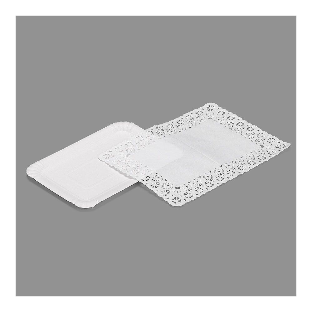 Bandeja retangular com renda branca, 14 x 21 cm, 4 UDS