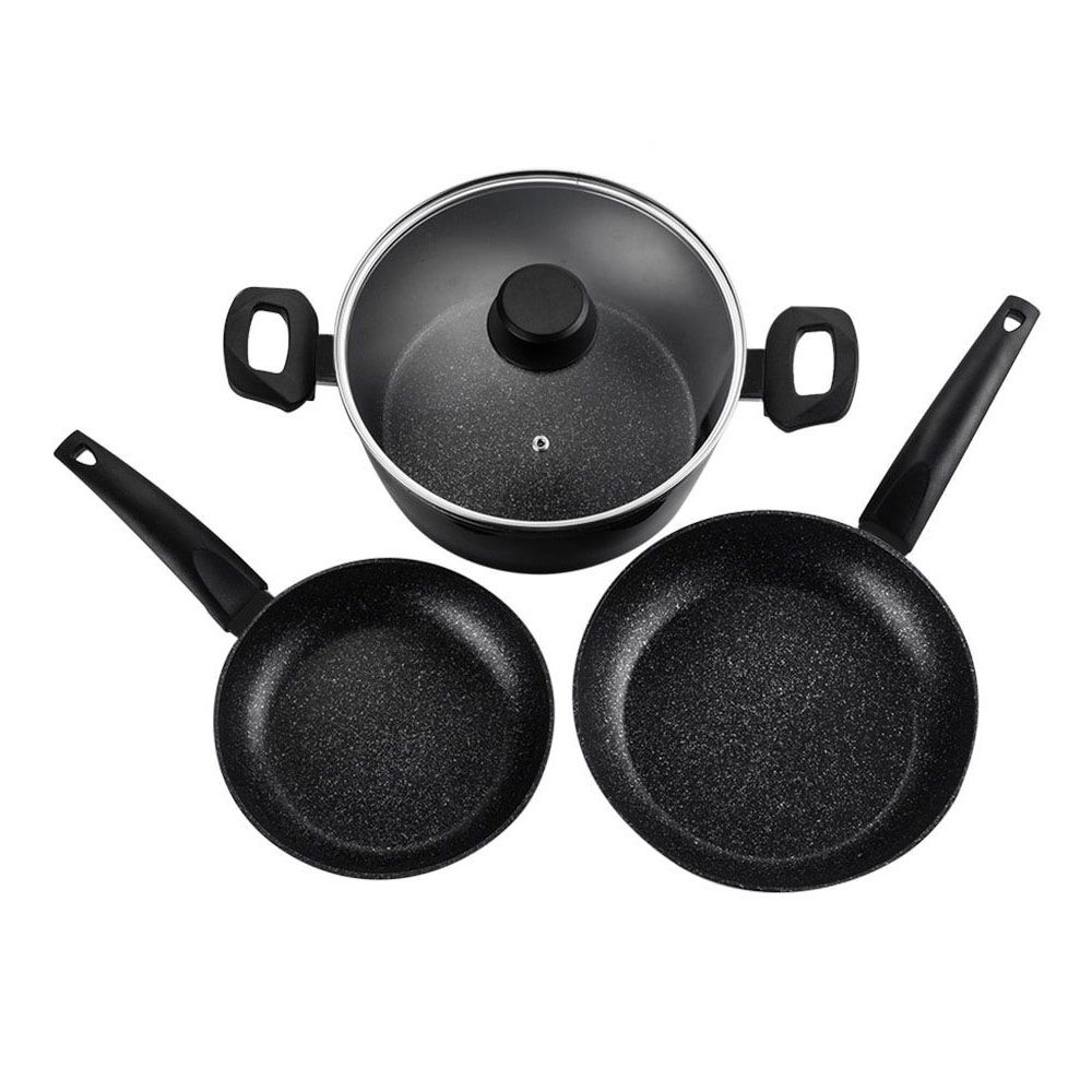 Conjunto 2 frigideiras + 1 panela, vivant, preta, alumínio, medidas: frigideiras Ø20 / Ø24 cm e panela Ø24 cm
