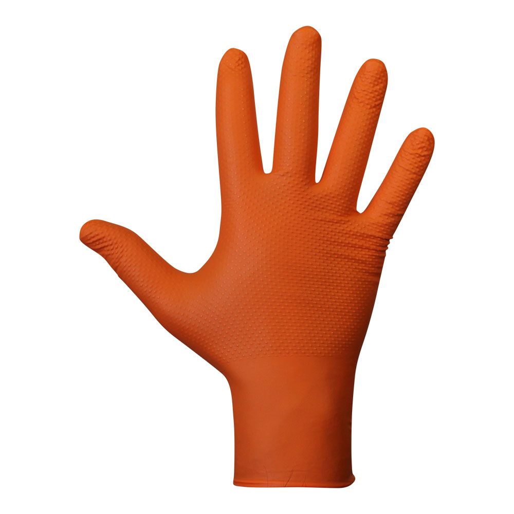 Luva de nitrilo, sem pó, descartável, com padrão de diamante, laranja, T-9, caixa 50 UDS