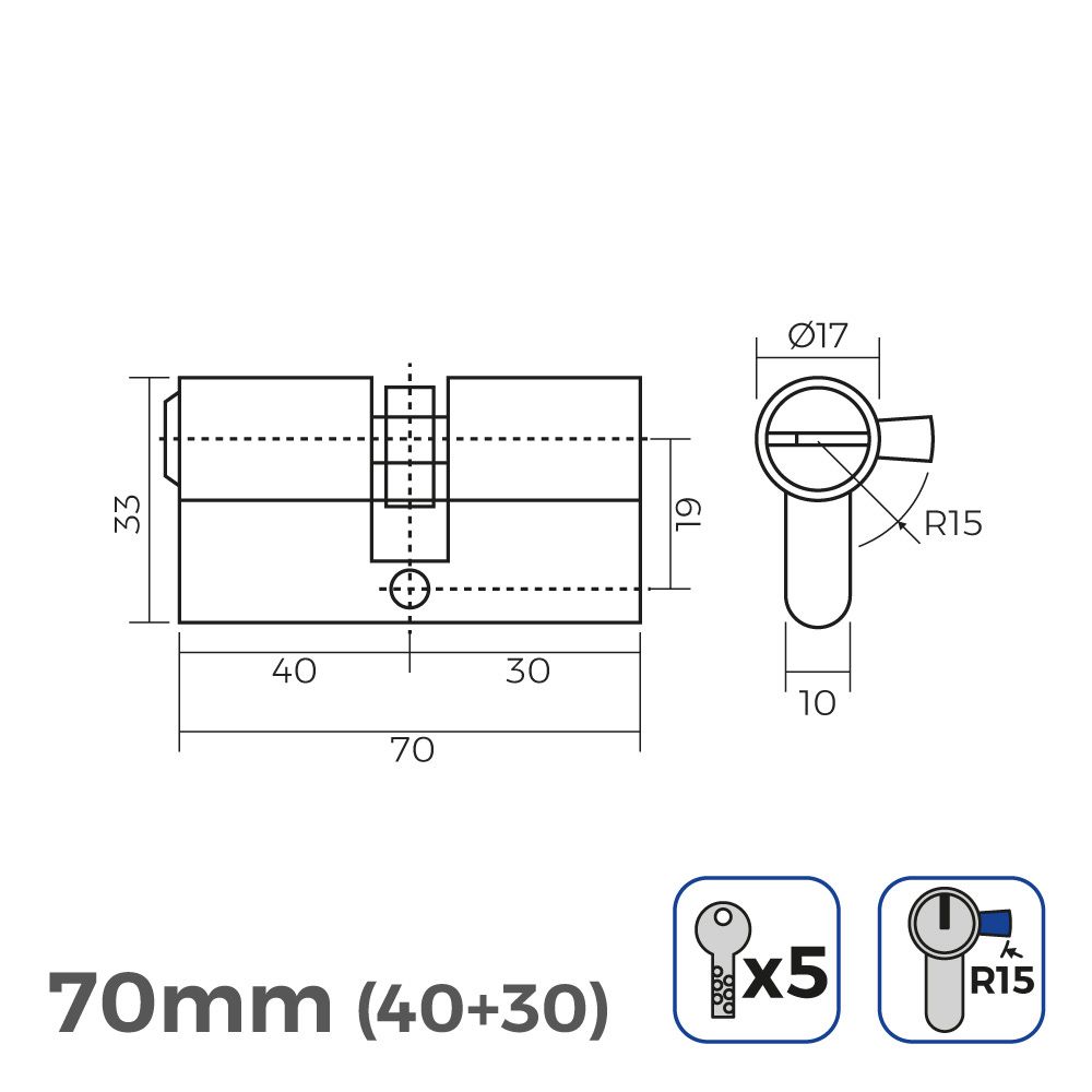 Bombin niquel 70mm (40+30mm) leva larga r15 con 5 llaves seguridad incluidas edm - Image 2