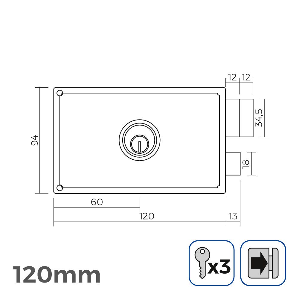 Fechadura direita 120mm 3 chaves incluidas EDM - Image 2