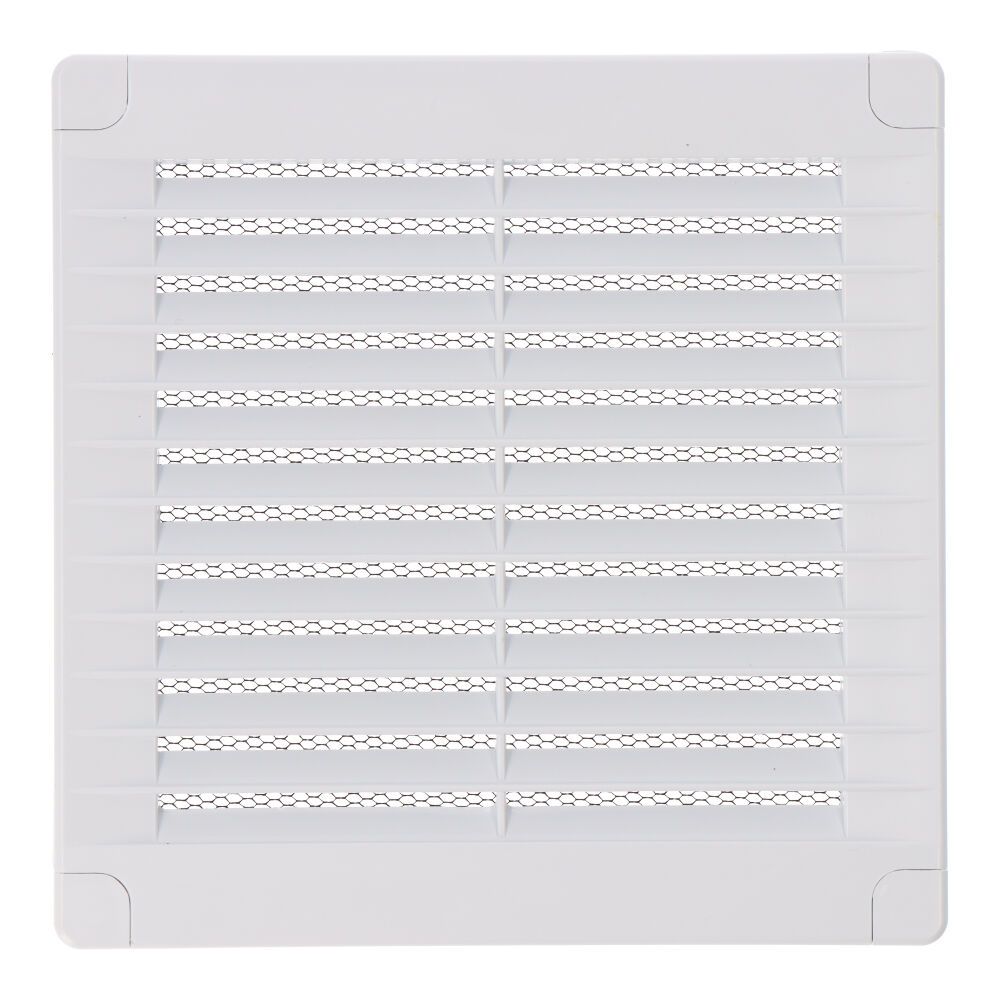 Grelha de ventilação quadrada com plugues e mosquiteiro 150x150x7mm ABS branco