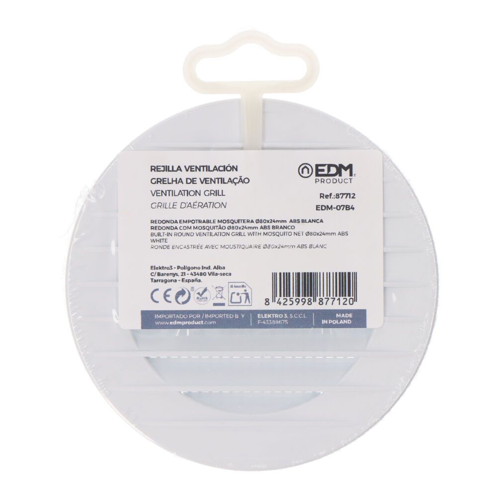 Grelha de ventilação redonda embutida com mosquitão Ø80mm ABS branco - Image 3