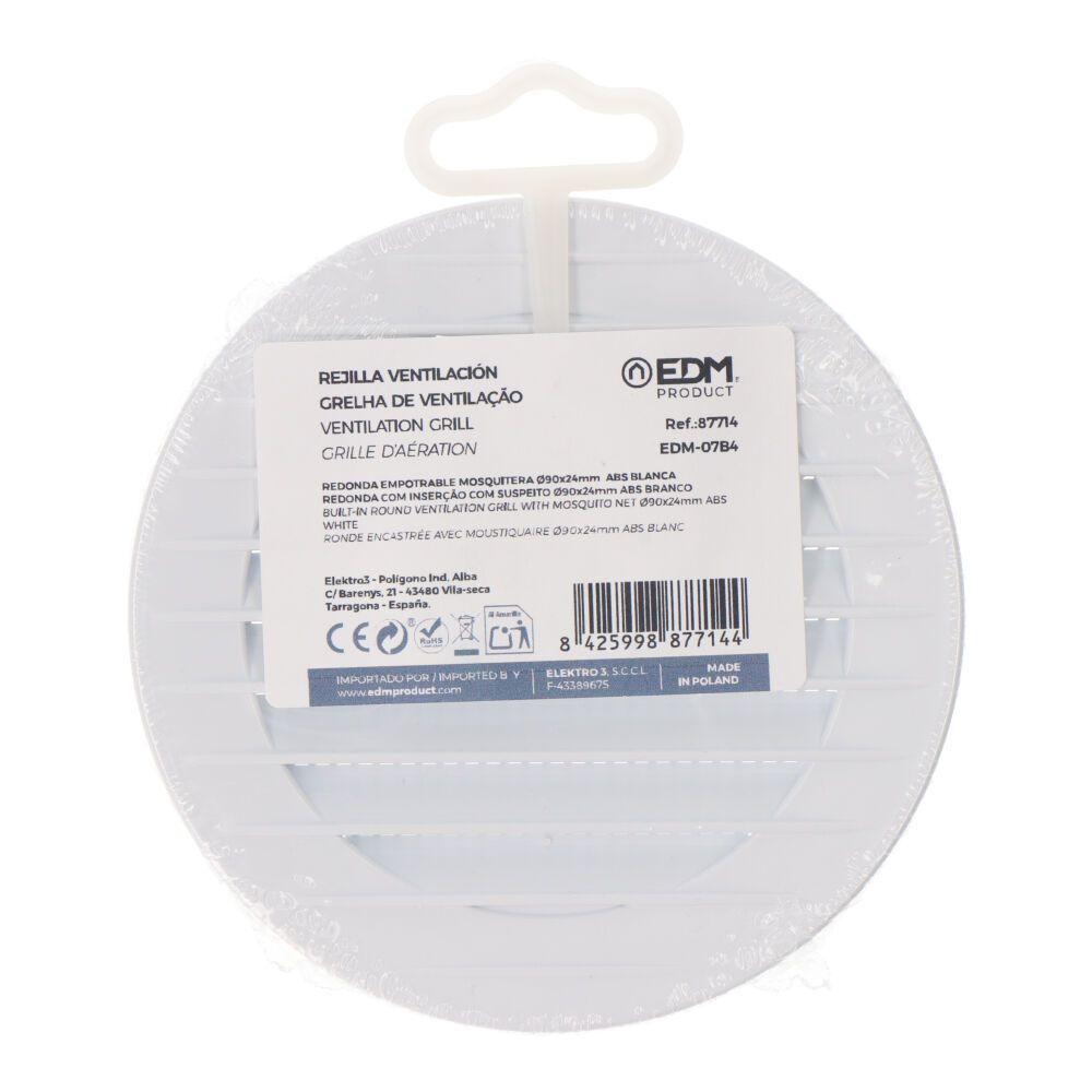 Rejilla ventilación redonda empotrable con mosquitera ø90mm abs blanca - Image 3