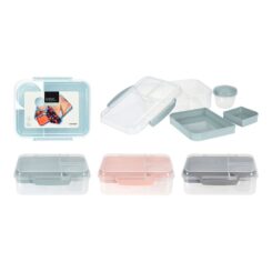 Caixa de almoço + duas bandejas + frasco de molhos, 215 x 170 x 60 mm,  cores sortidas