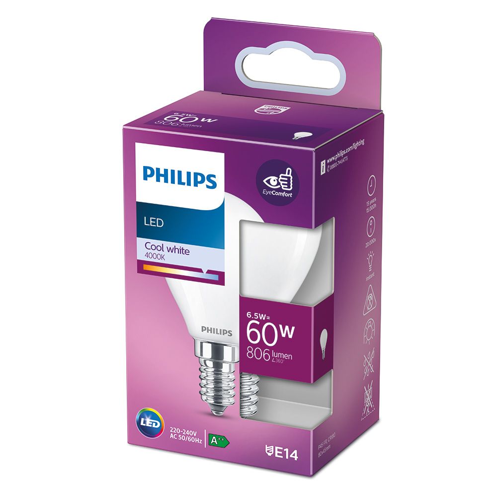 Lâmpada esférica LED E14 6,5W 806lm 4000K LUZ DIA Ø4,5x8cm philips - Image 2
