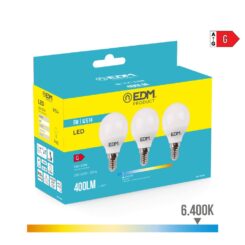 KIT 3 lâmpadas esféricas LED E14 5W 400lm 6400K LUZ fria Ø4,5x8cm EDM