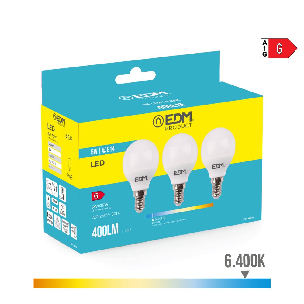 KIT 3 lâmpadas esféricas LED E14 5W 400lm 6400K LUZ fria Ø4,5x8cm EDM