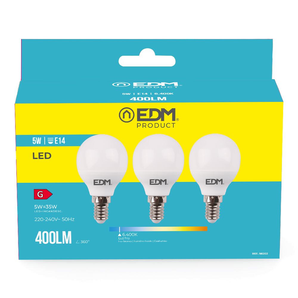 KIT 3 lâmpadas esféricas LED E14 5W 400lm 6400K LUZ fria Ø4,5x8cm EDM - Image 2