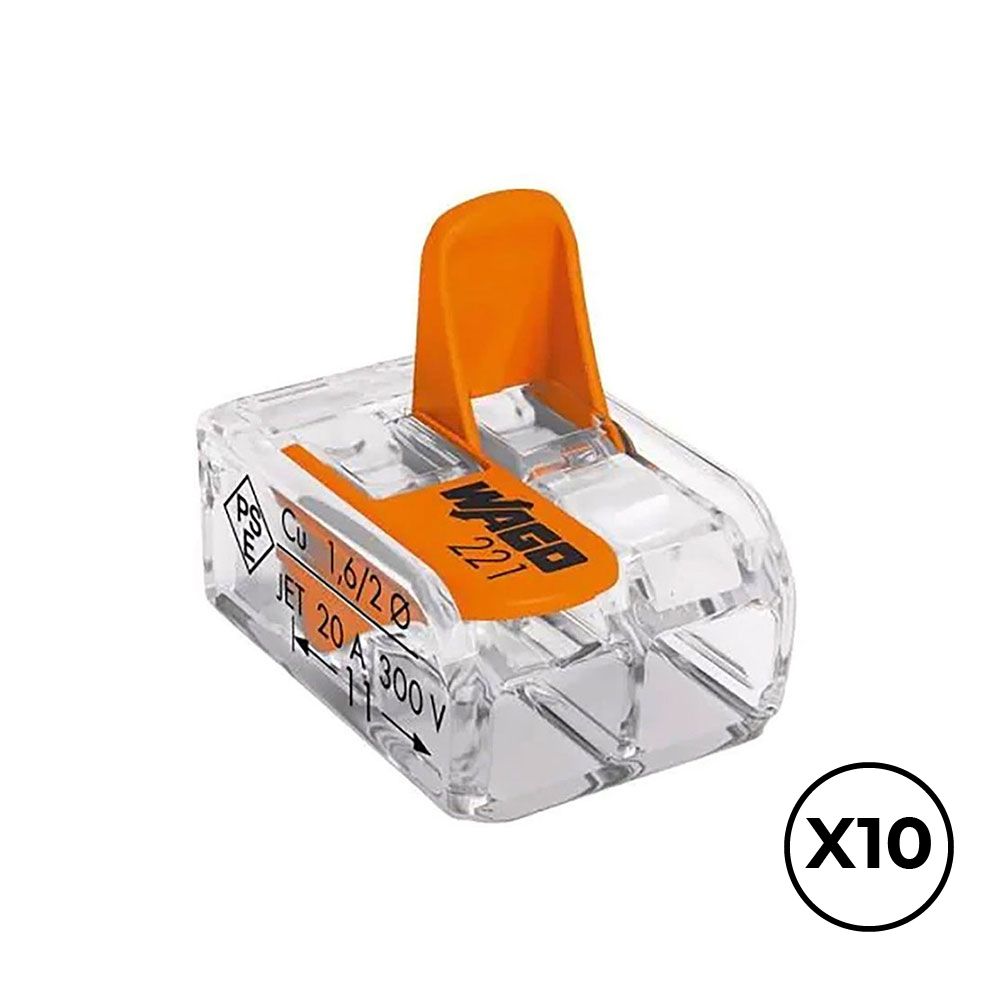 Conector rápido con palanca 2 vias, ø maximo 4 mm², 450 v , 32 a, transparente, 13,2 x 18,6 x 8,4 mm, 10 uds